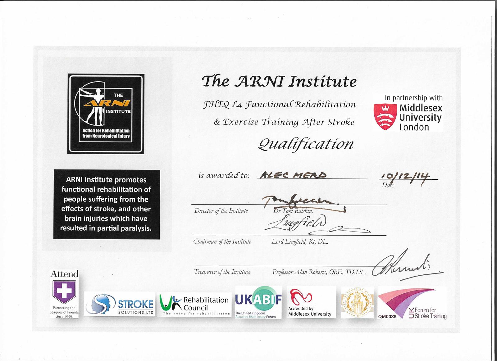 ARNI Certificate Alec Mead