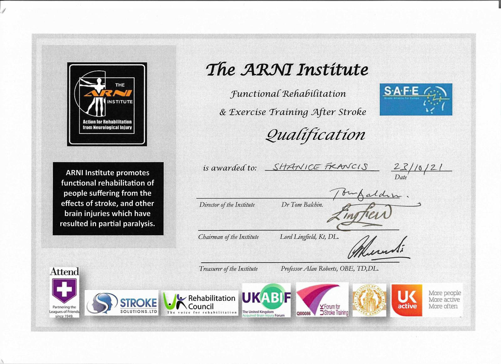 ARNI Certificate Shanice Francis