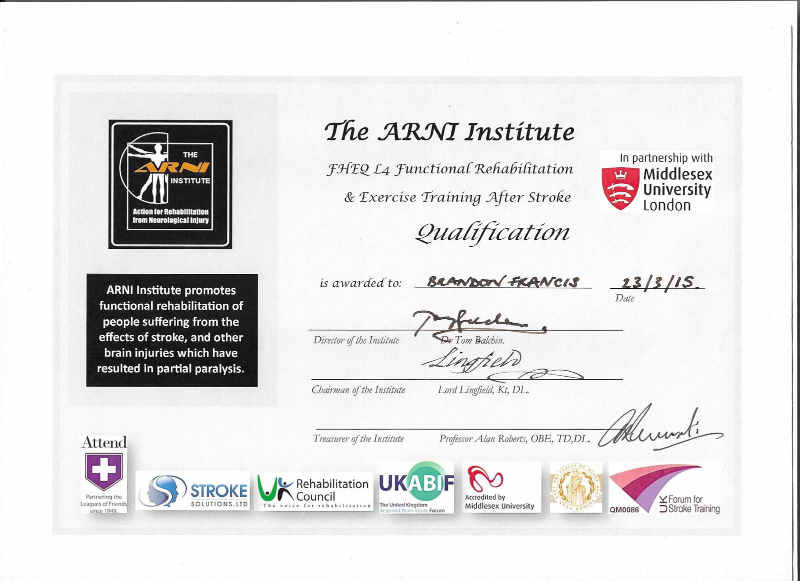ARNI Certificate Brandon Francis